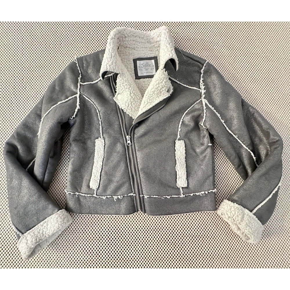 Justice Girls Moto Jacket Size 8/10 Sherpa Lined Bomber Asymmetrical Zipper Gray